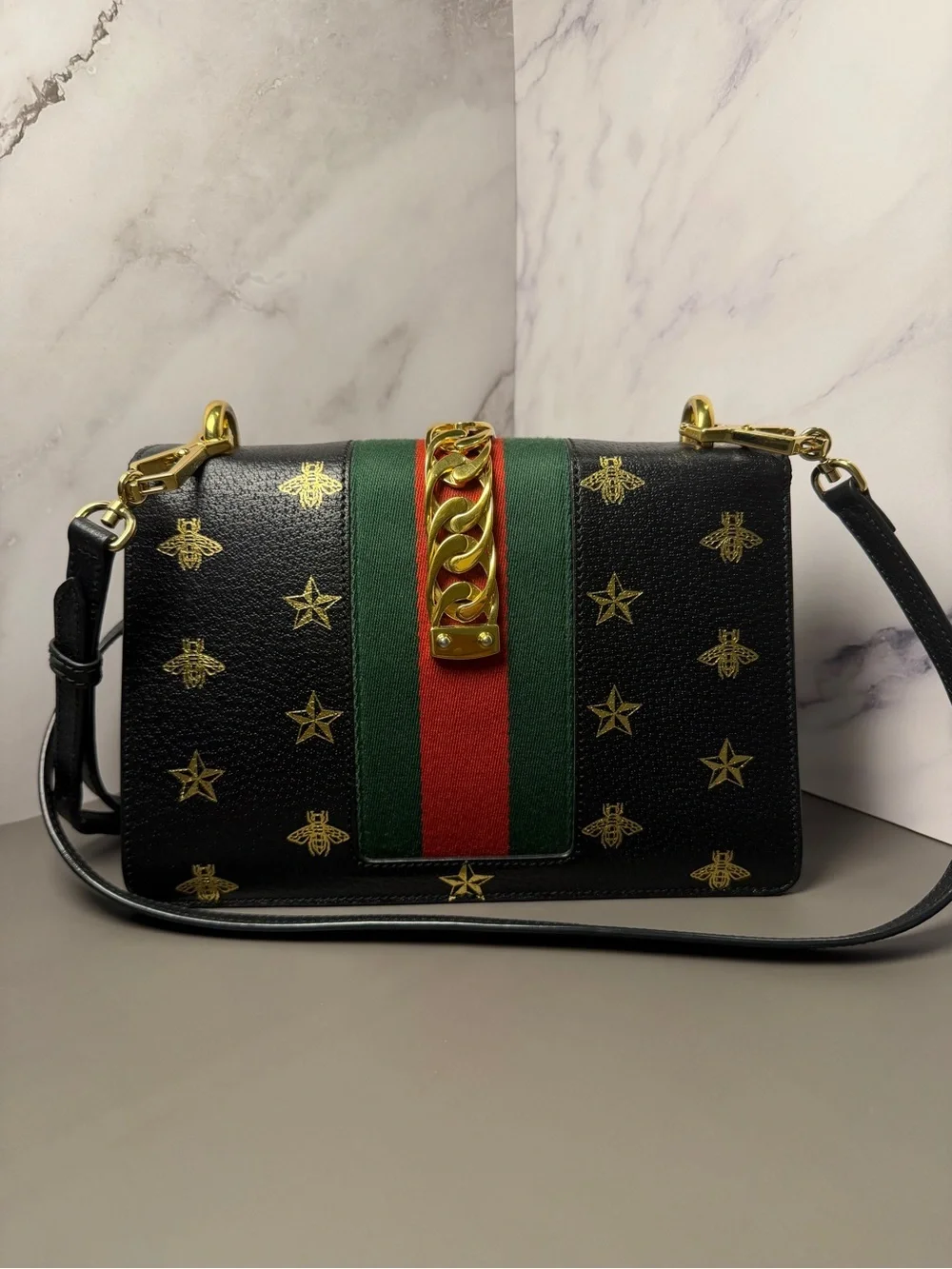 Gucci Sylvia Bee Black Leather Shoulder Bag with Green-Red Web and Gold Hardware